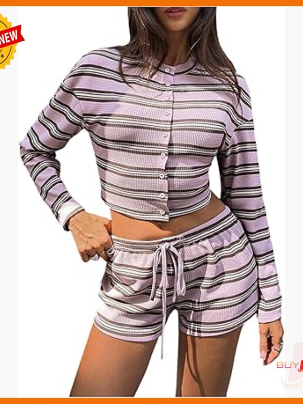 Striped Long Sleeve Button Down Cardigan and Mini Shorts Set Size Small
